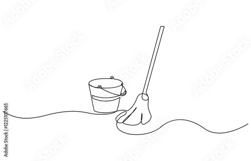 Mop and bucket continuous line art drawing. Cleaning service concept, Cleaning tools one line colored continuous drawing. Floor mop, plunger, plastic basin, squeegee cleaning glass.
