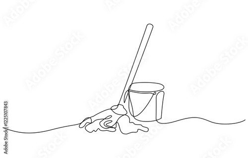 Mop and bucket continuous line art drawing. Cleaning service concept, Cleaning tools one line colored continuous drawing. Floor mop, plunger, plastic basin, squeegee cleaning glass.