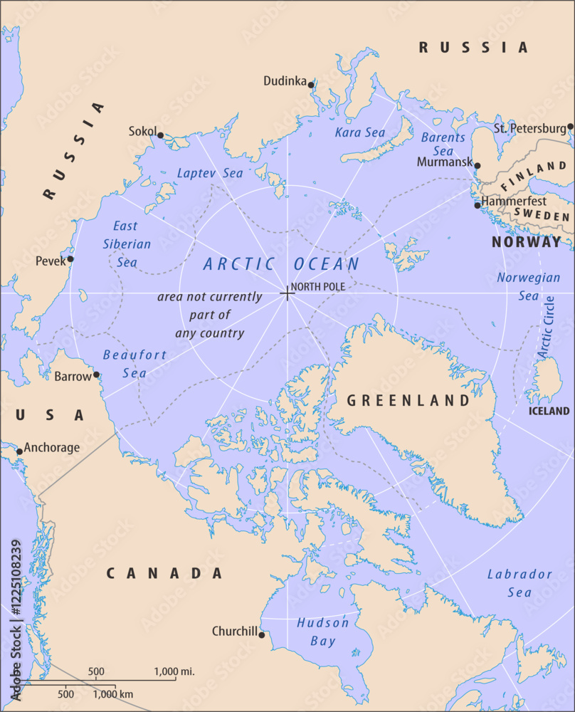 Obraz premium Vector political world map. North American continent with usa, canada, greenland. Russia, norway, finland, sweden, iceland. Arctic ocean terrain. North pole. Hudson bay, Beaufort sea, Labrador sea.