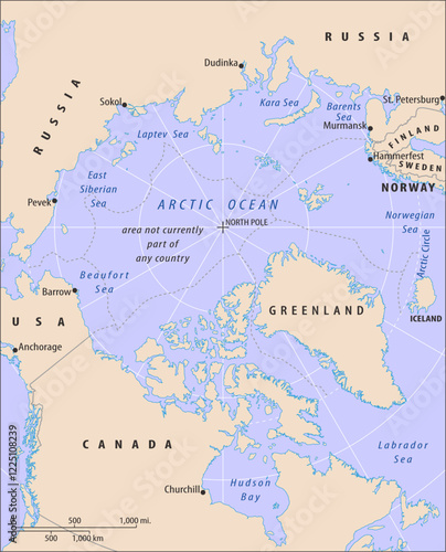 Vector political world map. North American continent with 
usa, canada, greenland. Russia, norway, finland,
sweden, iceland. Arctic ocean terrain. North pole.
Hudson bay, Beaufort sea, Labrador sea.