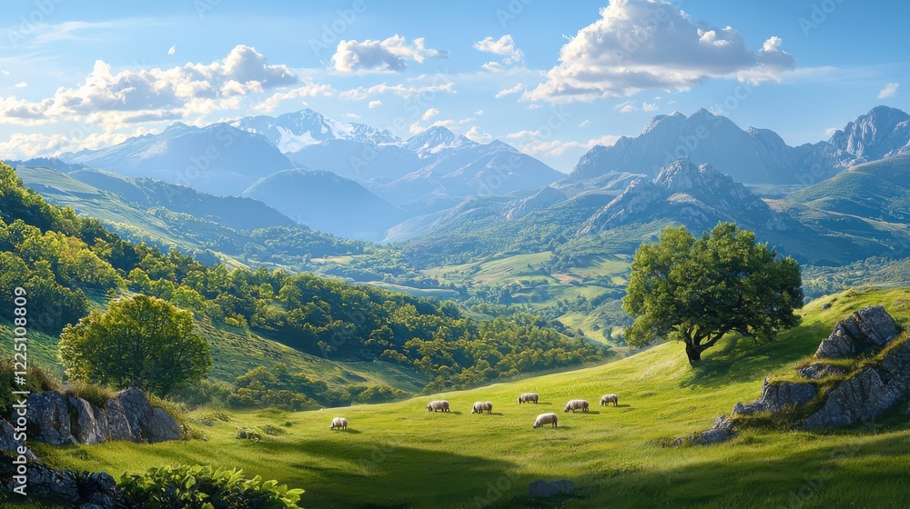 Enchanting countryside scene of grazing sheep on rolling hills with majestic mountains in the background nature photography calm environment wide angle view Enchanting countryside scene of grazing sheep on rolling hills with majestic mountains in the background nature photography calm environment wide angle view