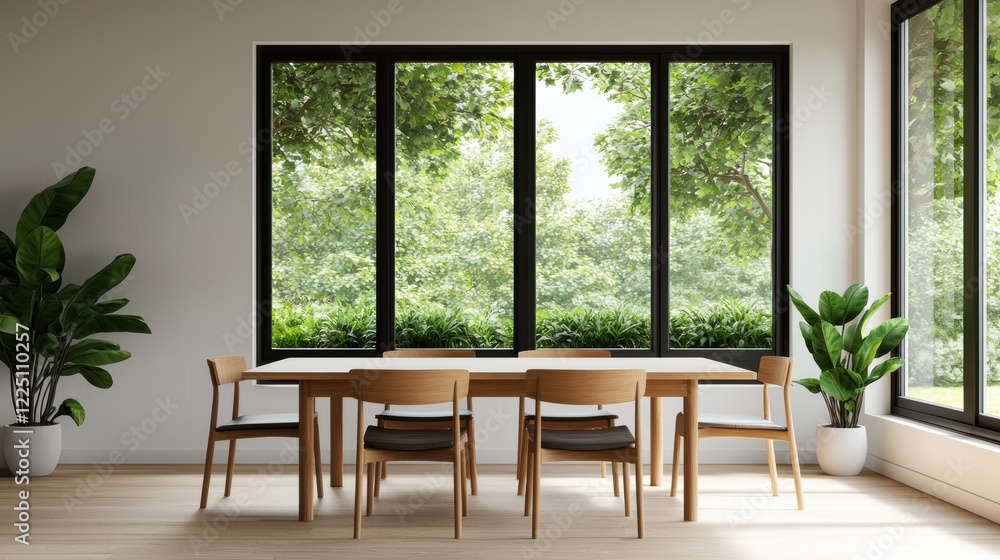 Fototapeta premium Modern workspace promoting a healthy work environment with large windows and greenery