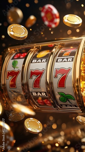 Slot machine showing a triple seven jackpot combination, with golden chips and coins falling on a blurred background