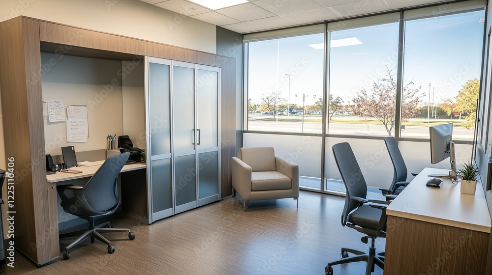A clean private office pod in a coworking space with minimalist furniture and neutral tones. digital A clean private office pod in a coworking space with minimalist furniture and neutral tones. digital