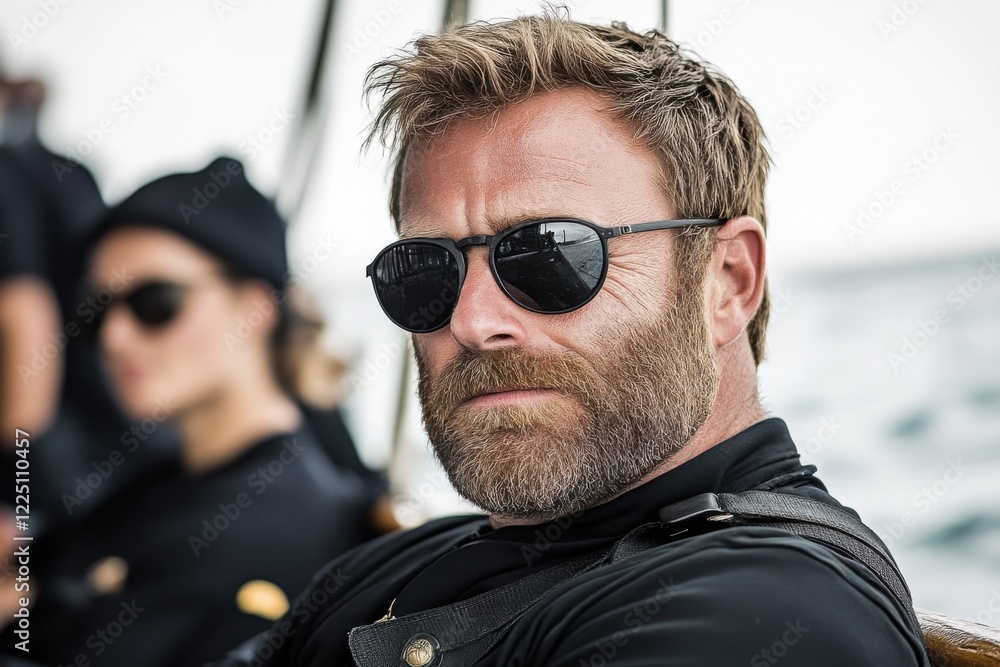 Fototapeta premium Yachting, an adult Man with a beard and sunglasses is sitting on the deck. He's wearing a black jacket and sunglasses. the captain of a ship or a sailor participates in a sea voyage