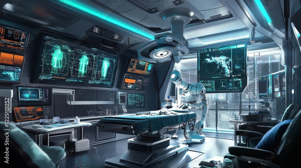 A futuristic operating room featuring robotic surgical arms performing a precise procedure, surrounded by advanced medical monitors, high-tech equipment, and soft lighting, ideal for healthcare innova A futuristic operating room featuring robotic surgical arms performing a precise procedure, surrounded by advanced medical monitors, high-tech equipment, and soft lighting, ideal for healthcare innova