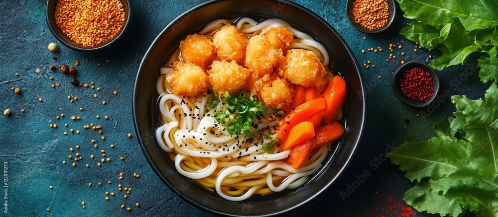 Delicious Udon Noodle Soup with Tempura Shrimp and Carrots Delicious Udon Noodle Soup with Tempura Shrimp and Carrots