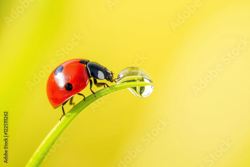 Macro photo of a ladybug on a blade of grass with a drop of dew. Insects in nature, beetle. photo