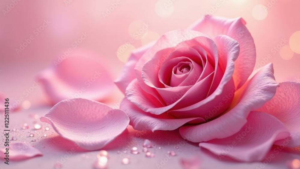 A Delicate Pink Rose with Soft Petals and Gentle Dewdrops on a Smooth Surface A Delicate Pink Rose with Soft Petals and Gentle Dewdrops on a Smooth Surface