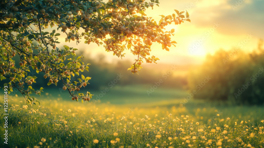 Obraz premium Vibrant orange tree in a blooming meadow under golden sunlight in a tranquil rural landscape