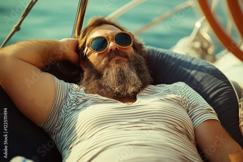 Man with beard and sunglasses is relaxing on a boat. He is wearing a striped shirt and shorts