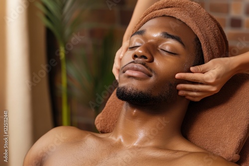 Man is getting massage and his face is wet.  man is relaxed and enjoying the massage. spa treatments, cosmetologist for men, facial skin care. beauty and health