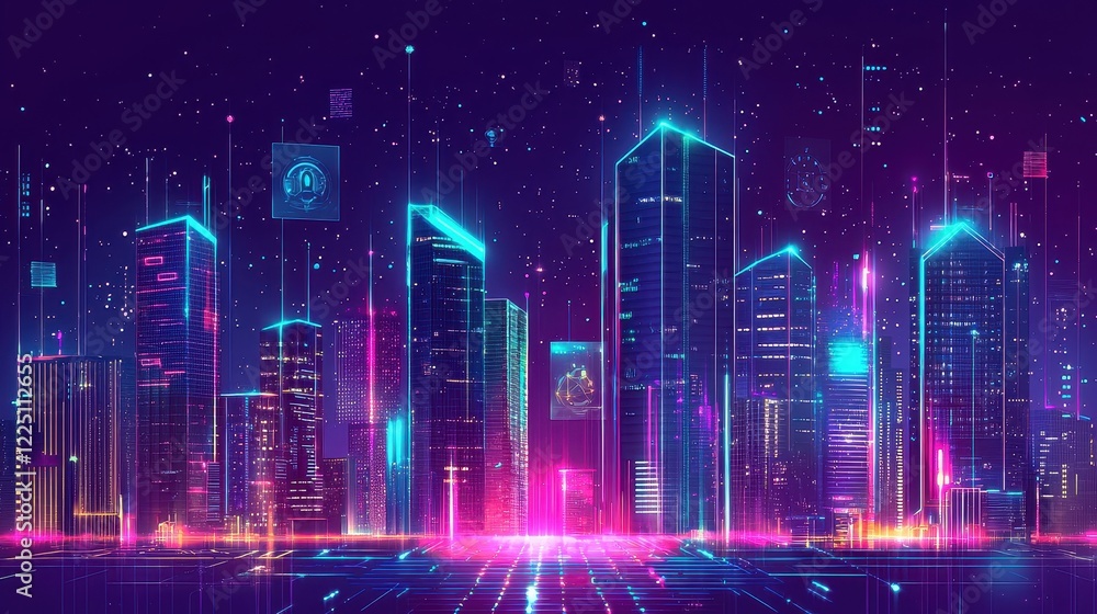 Futuristic Cityscape with Neon Lights and Digital Elements Futuristic Cityscape with Neon Lights and Digital Elements