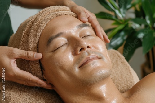 Man is getting a facial treatment with a towel on his head. The man is smiling and he is relaxed. spa treatments, cosmetologist for men, facial skin care