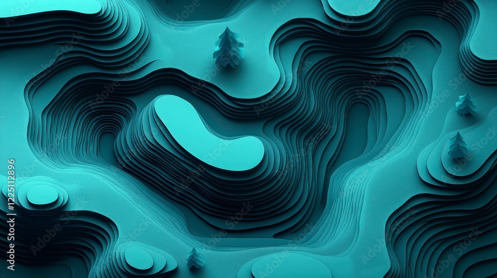 Obraz premium Abstract teal and blue 3D rendering of a mountainous landscape, featuring a low poly style and a textured surface. The image showcases various layers