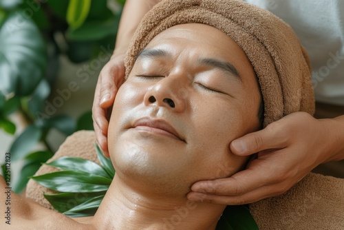 Man is getting a facial treatment with a towel on his head. The man is smiling and he is relaxed. spa treatments, cosmetologist for men, facial skin care