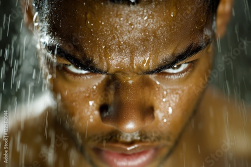 A hyper-realistic close-up of a person face flushed with anger, showing the fine details of their furrowed brows, clenched jaw, and beads of sweat forming on their forehead