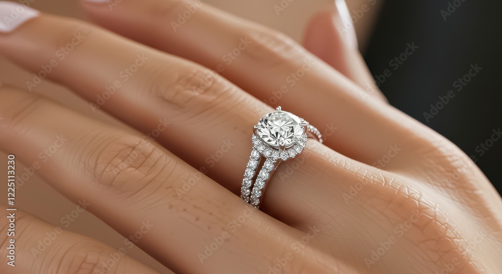 A close-up of a woman hand wearing an exquisite diamond engagement ring featuring a round solitaire stone surrounded by small diamonds A close-up of a woman hand wearing an exquisite diamond engagement ring featuring a round solitaire stone surrounded by small diamonds