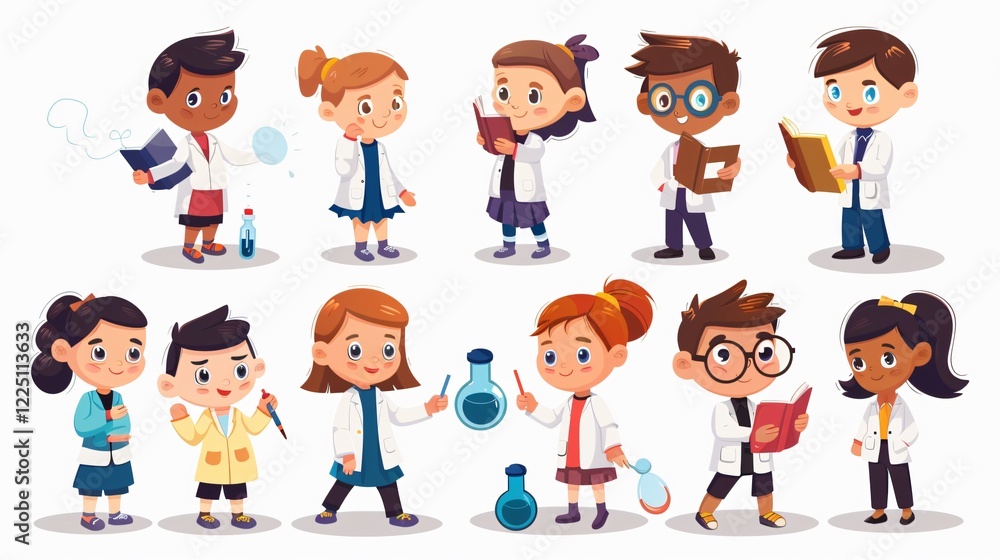 Cartoon School Children Scientists Reading Book Cartoon School Children Scientists Reading Book