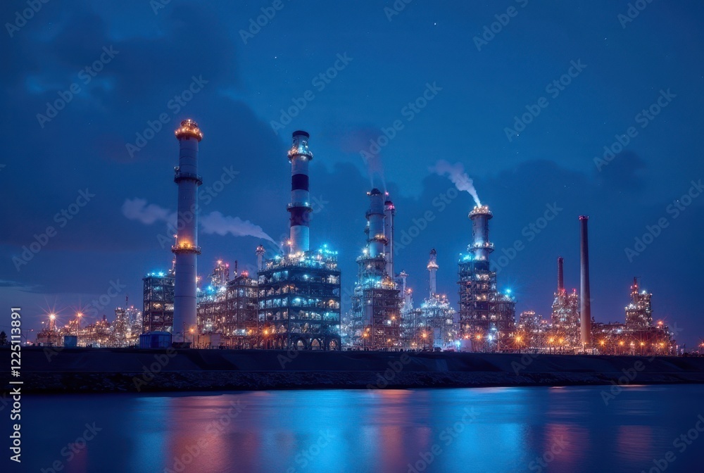 Illuminated Industrial Complex at Night Reflecting on Calm Waters Illuminated Industrial Complex at Night Reflecting on Calm Waters
