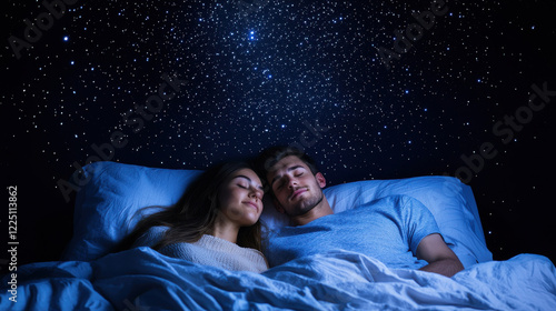 Intimate couple peacefully sleeping under a starry night sky, embracing tranquility.