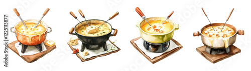 Watercolor cheese fondue set. Hot, steaming cheese fondue served with toasted baguette on forks for dipping close-up on a wooden board. Vector illustration.