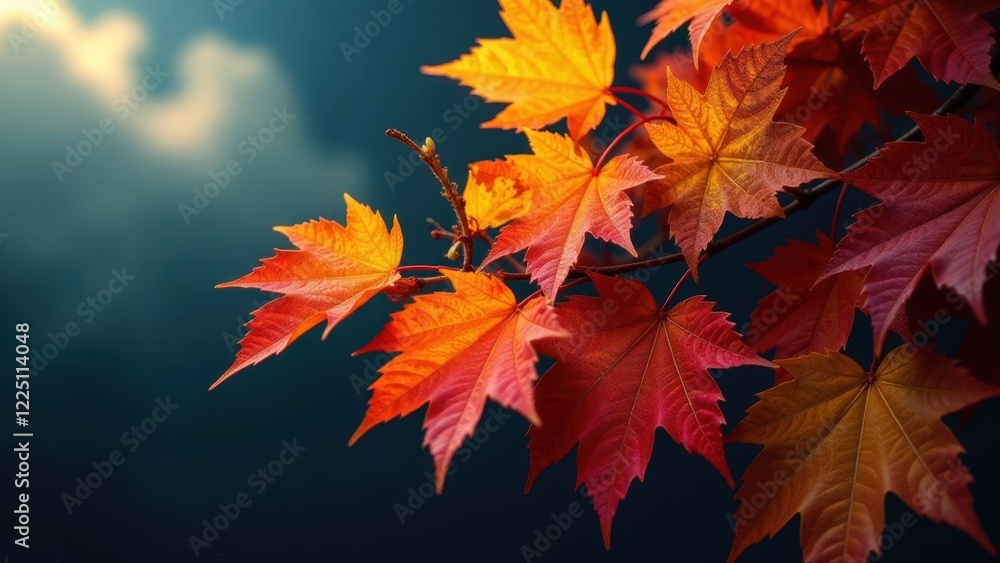 Autumnal foliage displaying vibrant red and orange hues against a dark, moody backdrop, showcasing the intricate details of nature's seasonal transformation. Autumnal foliage displaying vibrant red and orange hues against a dark, moody backdrop, showcasing the intricate details of nature's seasonal transformation.