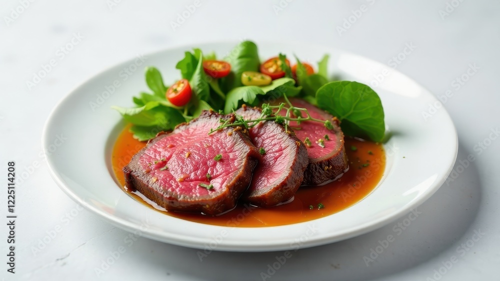 Delectable Slices of Roasted Beef Tenderloin, Served with a Zesty Reduction Sauce and a Fresh Garden Salad Garnish on an Elegant Plate Delectable Slices of Roasted Beef Tenderloin, Served with a Zesty Reduction Sauce and a Fresh Garden Salad Garnish on an Elegant Plate