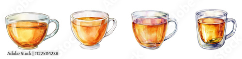 Watercolor set of tea cups png. Glass transparent cups filled with black tea. Concept of tea drinking, breakfasts, lunches, etc. Hot drinks. Vector illustration.