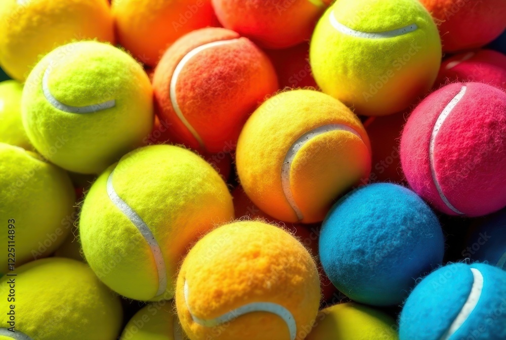 A vibrant collection of colorful tennis balls in various shades, arranged closely together showcasing a diverse and energetic texture.
