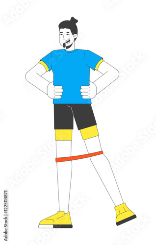 Caucasian man exercising with resistance band around knees 2D cartoon character. Lower body workout. Personal trainer isolated person flat vector on white background. Spot illustration colorful