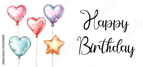 Happy Birthday banner with balloons. Foil balloons in the shape of a heart and a star in watercolor with the inscription "Happy Birthday. Watercolor greeting card. Vector illustration.