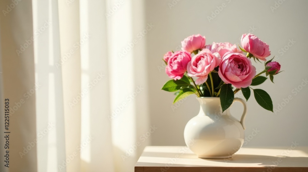 A Delicate Bouquet of Pink Roses in a Cream-Colored Vase, Bathed in Sunlight Near Sheer Curtains A Delicate Bouquet of Pink Roses in a Cream-Colored Vase, Bathed in Sunlight Near Sheer Curtains