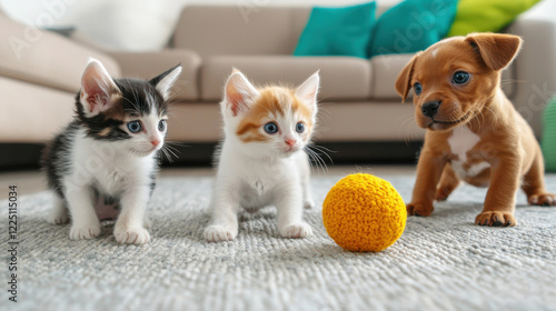 Three playful pets: two kittens and a puppy, curiously watching a yellow ball.