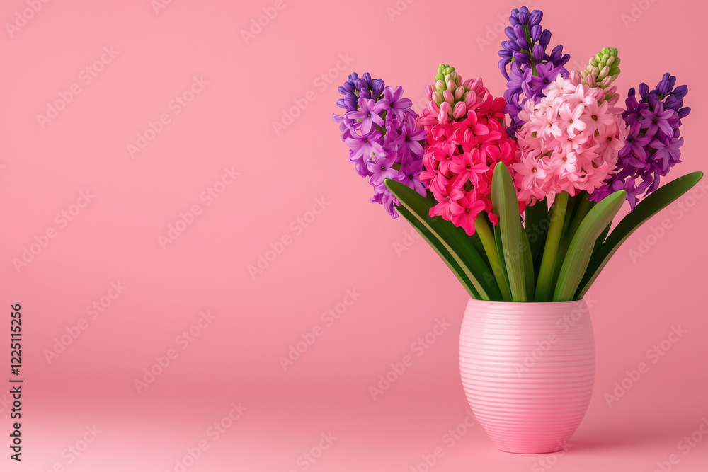 Fototapeta premium Vibrant hyacinth flowers in a pink vase against a soft pink background.