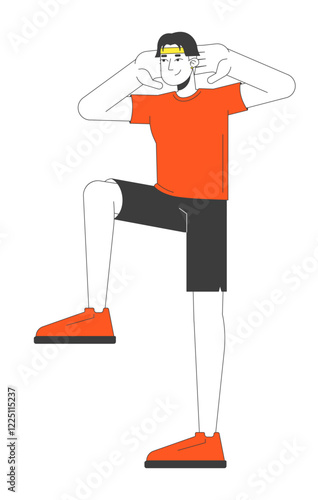 Young adult asian man doing exercise warm-up 2D cartoon character. Fitness routine. Stretching. Korean guy in tshirt shorts with sneakers isolated person flat vector on white. Spot illustration