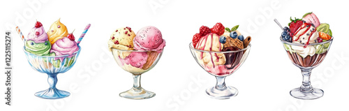 Watercolor set of ice cream in a glass bowl png. Various ice cream scoops in glass bowls sprinkled with berries, cookies, chocolate, etc. Retro serving of ice cream. Summer desserts for cafe. 