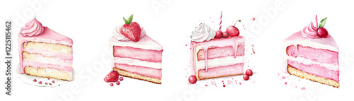 Watercolor set of strawberry cake pieces png. Pieces of strawberry cake with pink cream and sponge cake decorated with strawberries and pink meringues and candles for the cake. Birthday cake elements.