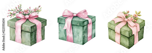 Watercolor set of gift elegant boxes png. Green gift boxes decorated with pink satin bow and flowers. Gift concept. Vector illustration.