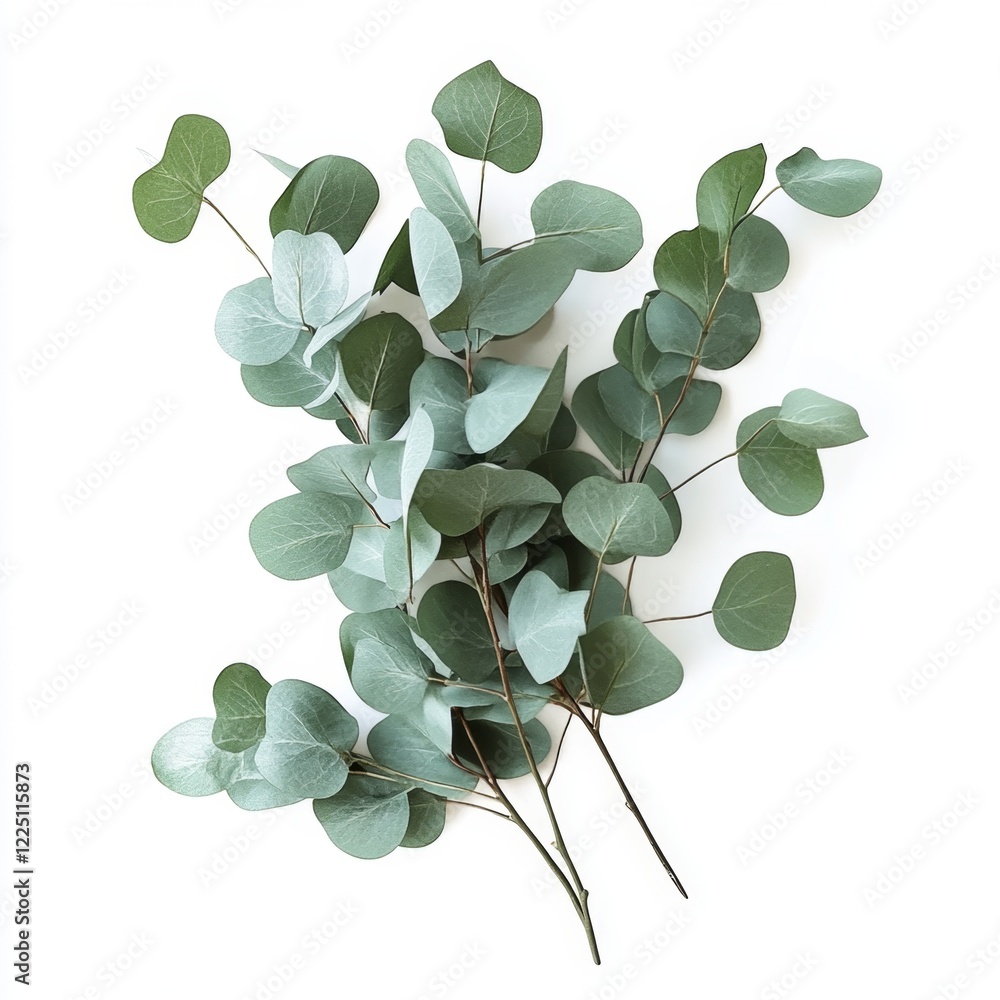 Eucalyptus sprigs, overhead, white background, greenery, design Eucalyptus sprigs, overhead, white background, greenery, design