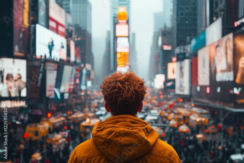 A man walking aimlessly through a crowded city street, his shoulders hunched and his face showing sadness amidst the bustling crowd