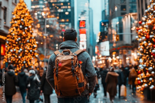 A man walking aimlessly through a crowded city street, his shoulders hunched and his face showing sadness amidst the bustling crowd