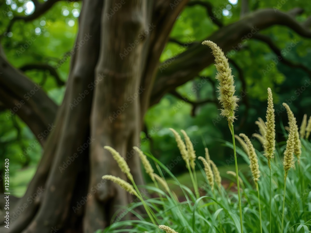 Forest horsetail against the background of an ancient tree, tree trunks, natural archways Forest horsetail against the background of an ancient tree, tree trunks, natural archways