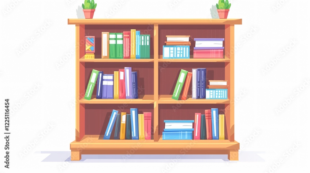 Modern Wooden Bookcase Furniture with Colorful Books Shelf Icon