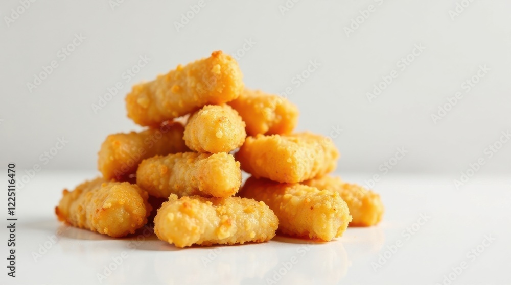 A delectable pyramid of golden-brown, crispy fried snacks, meticulously arranged on a pristine white surface, showcasing their irresistible texture and flavor. A delectable pyramid of golden-brown, crispy fried snacks, meticulously arranged on a pristine white surface, showcasing their irresistible texture and flavor.