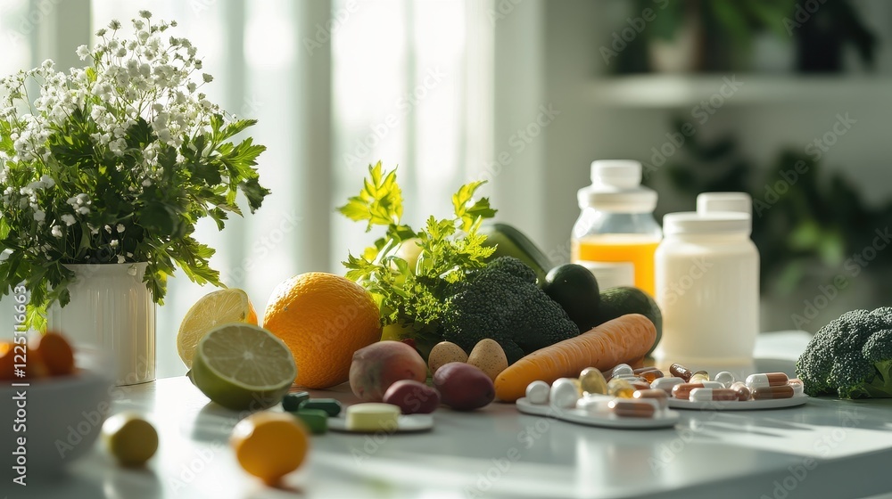 A table setting with fresh fruits, vegetables, and supplements, symbolizing boosting the immune system, bright natural lighting, white surface, with copy space for nutritional advertising.