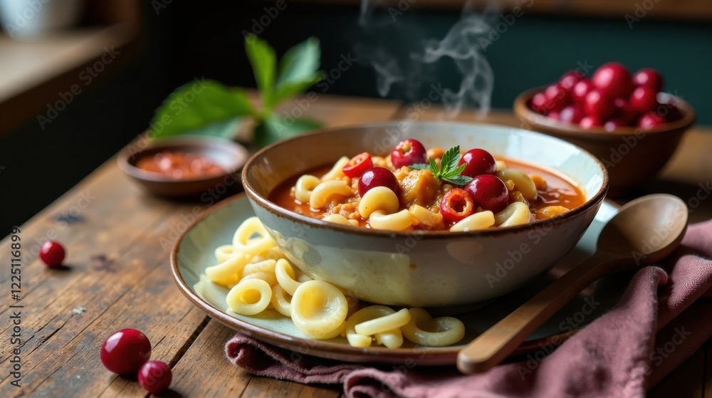 Warm, comforting lentil soup with pasta rings and sweet cherries, a delicious and vibrant autumnal meal Warm, comforting lentil soup with pasta rings and sweet cherries, a delicious and vibrant autumnal meal