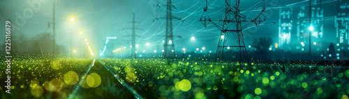 vibrant night scene showcasing smart grid infrastructure with glowing lights and power lines, creating futuristic atmosphere