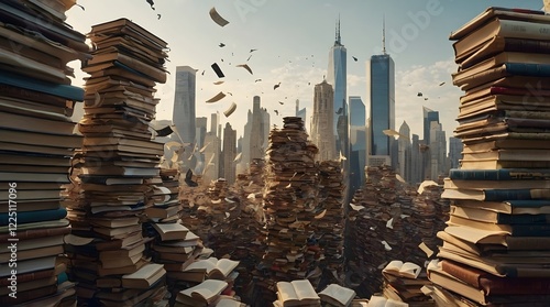 A surreal cityscape where towering skyscrapers are constructed entirely out of stacked books. The futuristic skyline is bathed in warm golden sunlight, with an intricate blend of modern architecture photo