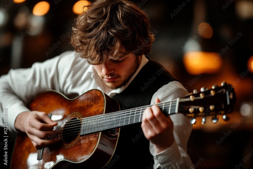 Obraz premium A musician playing an upbeat tune on a guitar, their joyful expression reflecting their optimism and love for their art